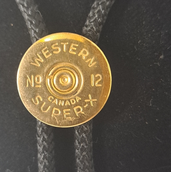 COPY - Winchester Shotgun Shell Cap Bolo Tie, Black Cord and Gold Color Tips. - Picture 2 of 3